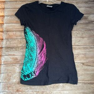 Black Roxy T-Shirt with Colorful Feather Design